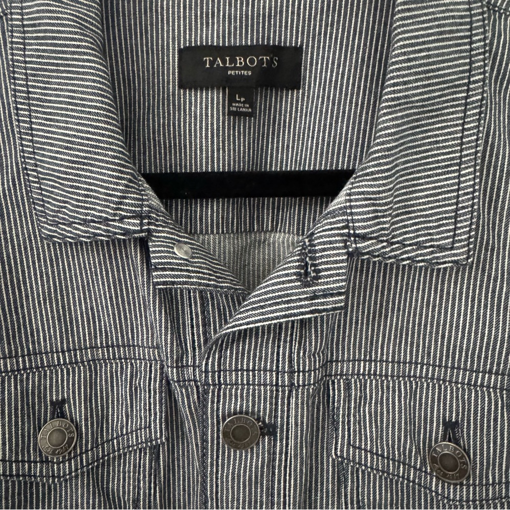 Talbots Petite Jean Jacket Blue White Railroad Thin Pinstripe Denim Collar Large - Picture 4 of 12